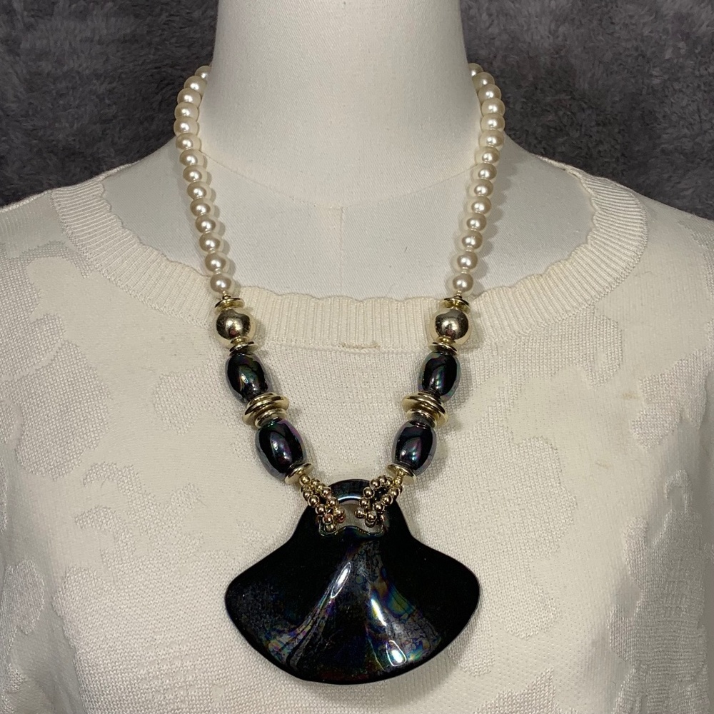 Unbranded Statement Necklace Womens Os Black Iridescent Art Glass Pearl Beaded